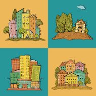 Set handdrawn illustrations of houses silhouettes different urban landscape N3