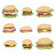 Fast food hamburger doodle set