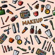 Color hand drawn makeup pattern - mascara polish powders lipsticks