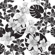 Tropical seamless pattern with orchids and palm leaves N2