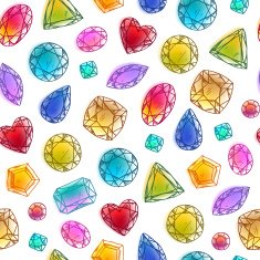 Seamless colorful hand drawn gemstones pattern on white