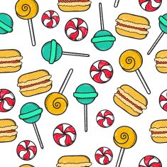 Seamless doodle pattern with sucking sweet candie macaroon