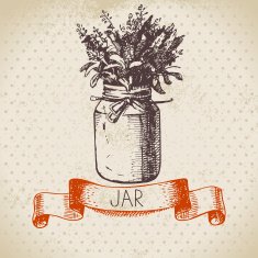 Rustic jar with lavender bouquet Vintage hand drawn sketch desi