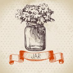 Rustic jar with chamomile bouquet Vintage hand drawn sketch des
