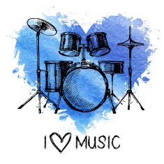 Music background with splash watercolor heart and sketch Hand d