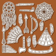 Set of cartoon hand drawn stickers on injun theme tomahawk