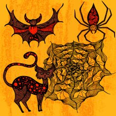 Decorative set for Halloween with cat bat spider and web