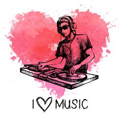 Music background with splash watercolor heart and sketch Hand d N2