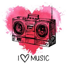Music background with splash watercolor heart and sketch Hand d N3