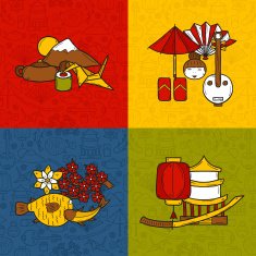 Vector asia japanese travel concept with objects and background in