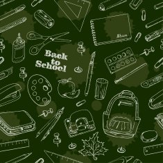 Back to School doodles seamless pattern on a green background