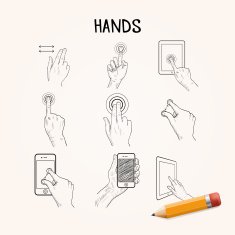 Vector hand drawn hands with mobile phone buttons touchpad