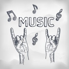 Hands with rock raised fingers Inscription MUSIC