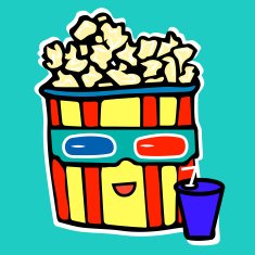 Popcorn drinks cola while watching movie in theater anaglyph glasses