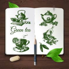 Hand drawn sketch tea set Vector identity set on wooden backgrou