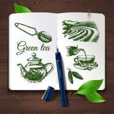 Hand drawn sketch tea set Vector identity set on wooden backgrou N2