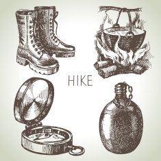 Hike and camping tourism hand drawn set Sketch design elements