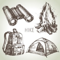 Hike and camping tourism hand drawn set Sketch design elements N2