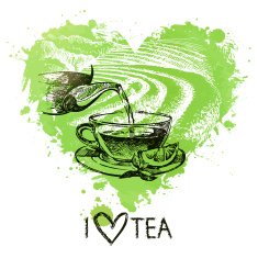 Tea background with splash watercolor heart and sketch N2