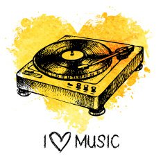 Music background with splash watercolor heart and turntable Han