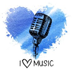 Music background with splash watercolor heart and sketch microph