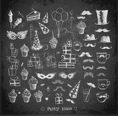 Sketch party objects hand-drawn on blackboard