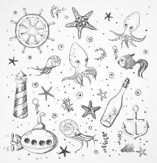 Set of sea sketch objects