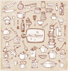 Big set of kitchen vintage sketch utensils