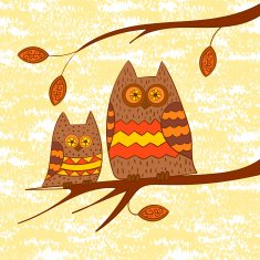 Two cute owls on a branch N2