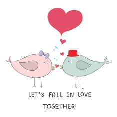 couple birds kiss with music notes and red heart pastel