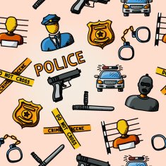 Color hand drawn police pattern - gun car crime scene