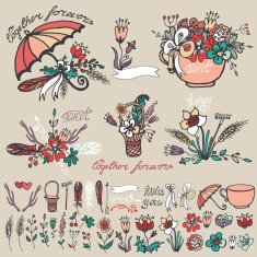 Doodle floral group hand sketched element decor kit