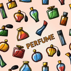 Seamless handdrawn pattern with perfume icons set - different shapes