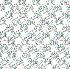 Pattern consisting of tents trees paths and campfire flag