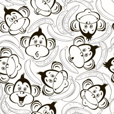 Seamless pattern with cute faces of monkeys and bananas