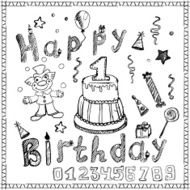 Birthday party elements colored hand drawn sketch with numbers isolated
