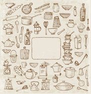 Big set of kitchen utensils hand-drawn in vintage style