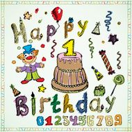 Birthday party elements colored hand drawn sketch with numbers
