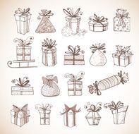 Sketch gift boxes collection on vintage background N2