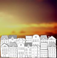 Hand-drawn houses on sunset background