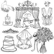 Wedding day elements Hand drawn set Drawing doodle collection