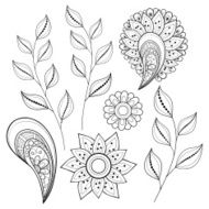 Vector Set of Monochrome Contour Flowers and Leaves N2