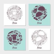 Food menu set with doodle patterns Hand drawn round emblem