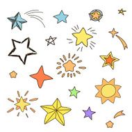 Collection of handdrawn stars in various shapes and designs yellow