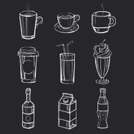 Set of different hand drawn beverages on the blackboard Vector