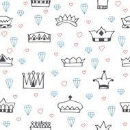 Vintage seamless pattern with hand drawn crowns diamonds