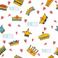 Princess seamless pattern with hand drawn crowns and hearts