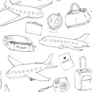 Seamless travel pattern with planes globe bag and suitcases