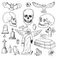 Set with hand drawn doodle skulls