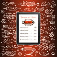 Restaurant menu with grill hand drawn doodle elements and tablet